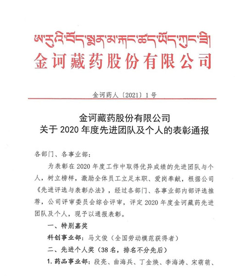 金诃藏药2020年度先进团队及个人表彰通报